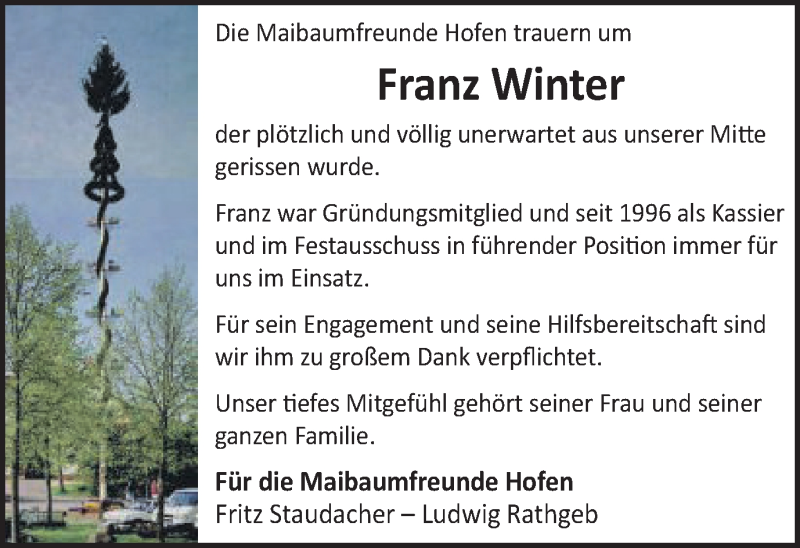  Traueranzeige für Franz Winter vom 15.02.2017 aus Schwäbische Post