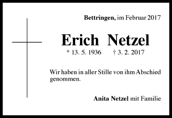 Traueranzeige von Erich Netzel von Gmünder Tagespost