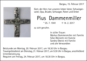 Traueranzeige von Pius Dammenmiller von Gmünder Tagespost