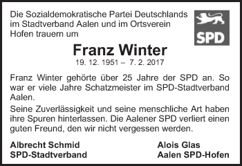 Traueranzeige von Franz Winter von Schwäbische Post