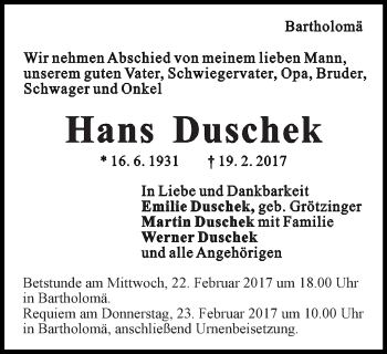 Traueranzeige von Hans Duschek von Gmünder Tagespost