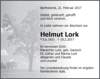 Traueranzeige von Helmut Lork von Gmünder Tagespost