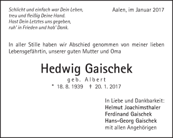 Traueranzeige von Hedwig Gaischek von Schwäbische Post