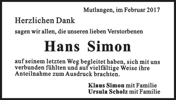 Traueranzeige von Hans Simon von Gmünder Tagespost