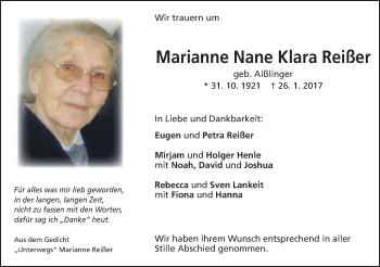 Traueranzeige von Marianne Nane Klara Reißer von Schwäbische Post