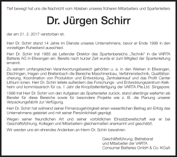 Traueranzeige von Jürgen Schirr von Schwäbische Post