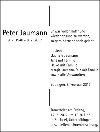 Traueranzeige von Peter Jaumann von Gmünder Tagespost