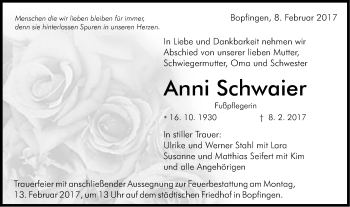 Traueranzeige von Anni Schwaier von Schwäbische Post