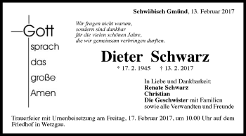 Traueranzeige von Dieter Schwarz von Gmünder Tagespost