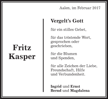 Traueranzeige von Fritz Kasper von Schwäbische Post