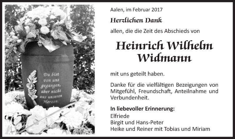 Traueranzeigen von Heinrich Wilhelm Widmann OstalbTrauer