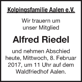 Traueranzeige von Alfred Riedel von Schwäbische Post