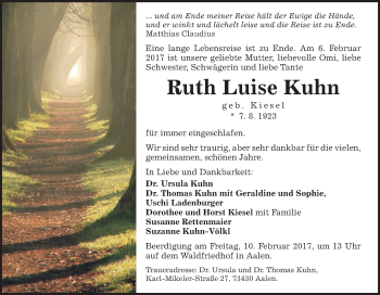Traueranzeige von Ruth Luise Kuhn von Schwäbische Post