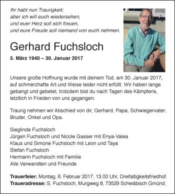 Traueranzeige von Gerhard Fuchsloch von Schwäbische Post
