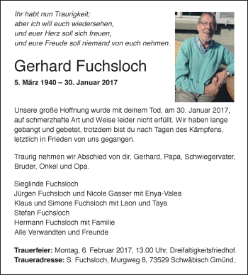 Traueranzeige von Gerhard Fuchsloch