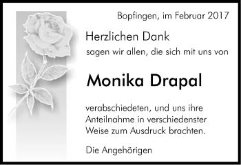 Traueranzeige von Monika Drapal von Schwäbische Post