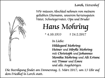 Traueranzeige von Hans Mohring von Gmünder Tagespost