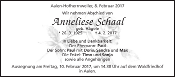 Traueranzeige von Anneliese Schaaf von Schwäbische Post