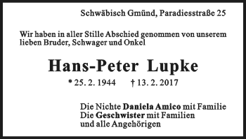 Traueranzeige von Hans-Peter Lupke von Gmünder Tagespost