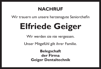 Traueranzeige von Elfriede Geiger von Gmünder Tagespost