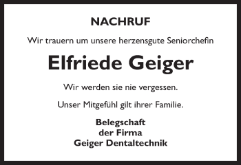 Traueranzeige von Elfriede Geiger