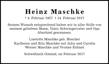 Traueranzeige von Heinz Maschke von Gmünder Tagespost