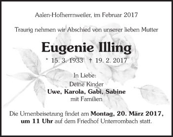 Traueranzeige von Eugenie Illing von Schwäbische Post