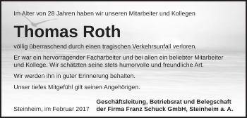 Traueranzeige von Thomas Roth von Schwäbische Post