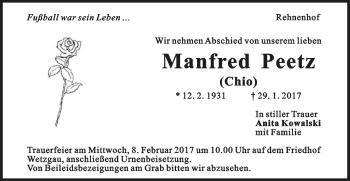 Traueranzeige von Manfred Peetz von Gmünder Tagespost