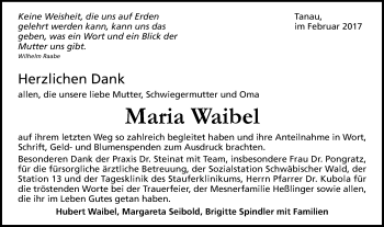 Traueranzeige von Maria Waibel von Gmünder Tagespost