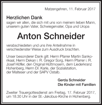Traueranzeige von Anton Schneider von Schwäbische Post