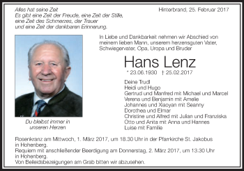 Traueranzeige von Hans Lenz von Schwäbische Post