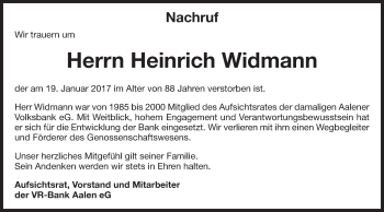 Traueranzeige von Heinrich Widmann von Schwäbische Post