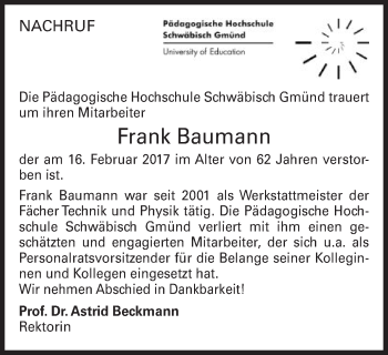 Traueranzeige von Frank Baumann von Gmünder Tagespost