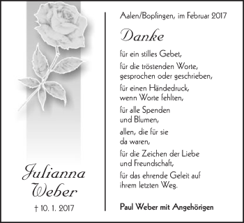 Traueranzeige von Julianna Weber von Schwäbische Post