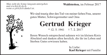 Traueranzeige von Gertrud Krieger von Gmünder Tagespost
