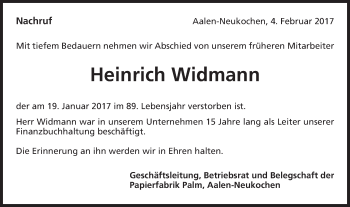 Traueranzeige von Heinrich Widmann von Schwäbische Post
