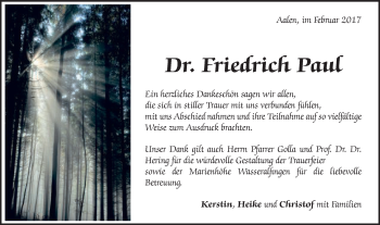 Traueranzeige von Friedrich Paul von Schwäbische Post