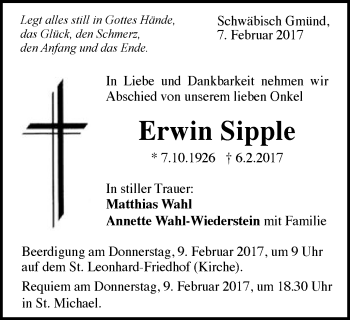 Traueranzeige von Erwin Sipple von Gmünder Tagespost