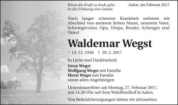 Traueranzeige von Waldemar Wegst von Schwäbische Post