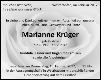 Traueranzeige von Marianne Krüger von Schwäbische Post