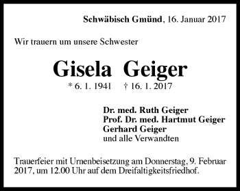 Traueranzeige von Gisela Geiger von Gmünder Tagespost