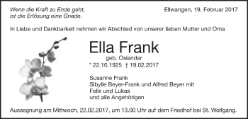 Traueranzeige von Ella Frank von Schwäbische Post
