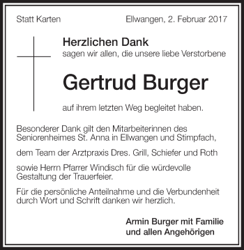Traueranzeige von Gertrud Burger von Schwäbische Post