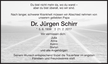 Traueranzeige von Jürgen Schirr von Schwäbische Post