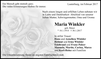 Traueranzeige von Maria Winkler von Schwäbische Post