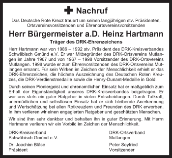 Traueranzeige von Heinz Hartmann von Gmünder Tagespost