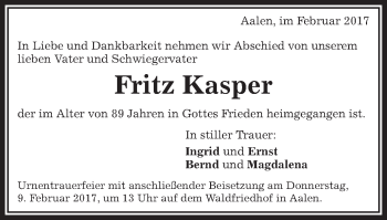 Traueranzeige von Fritz Kasper von Schwäbische Post