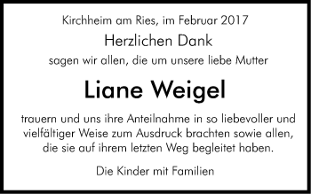 Traueranzeige von Liane Weigel von Schwäbische Post
