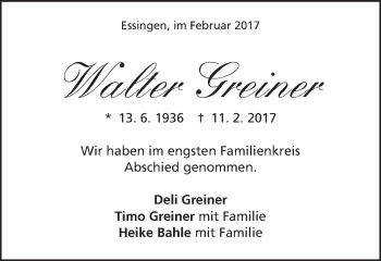 Traueranzeige von Walter Greiner von Schwäbische Post